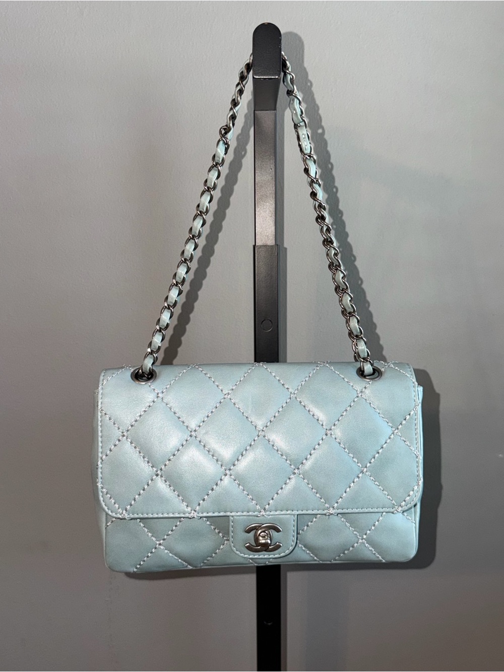 CHANEL Light Blue Quilted Flap Shoulder Bag with Silver Chain